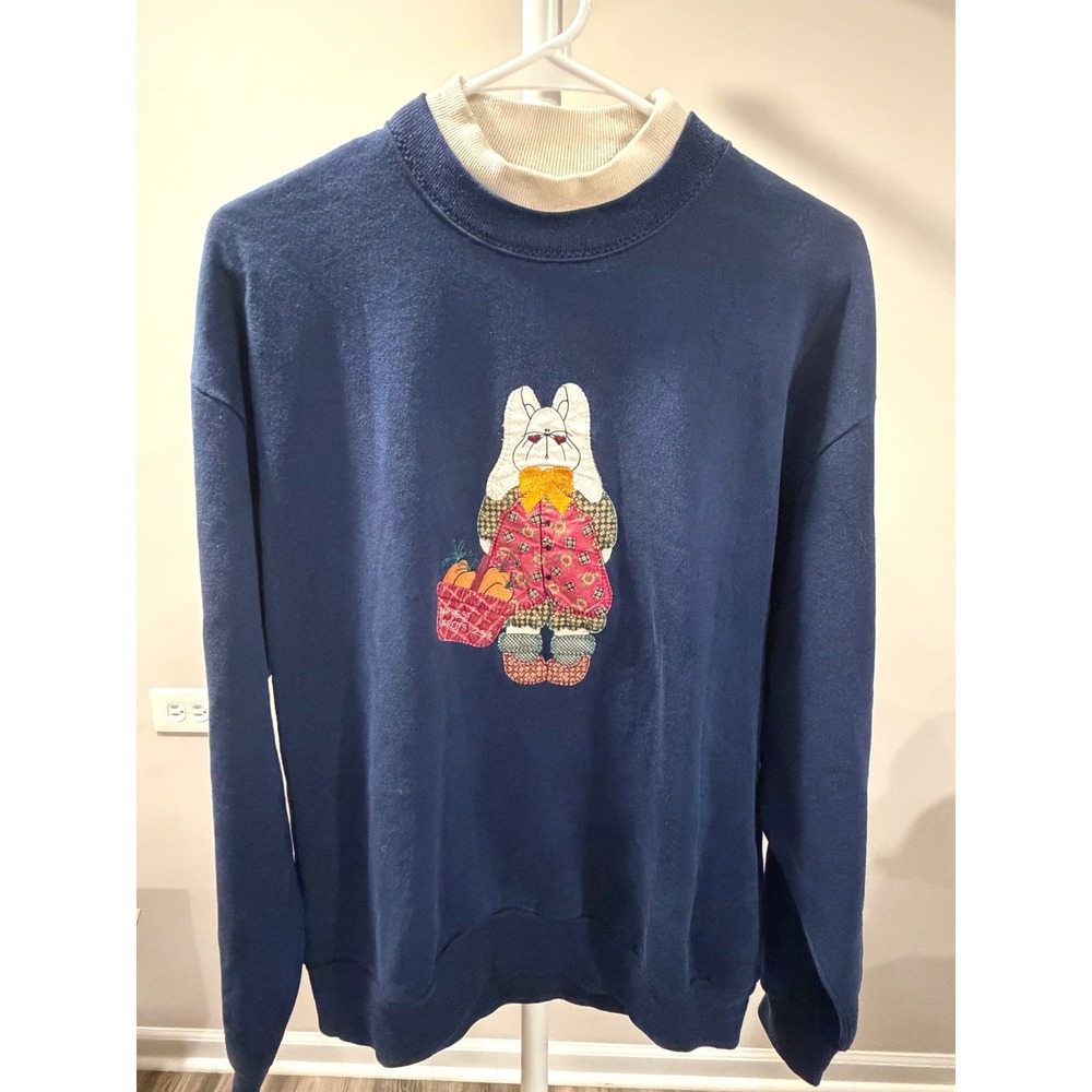 Vintage 90s Cottagecore Made in USA Double Collar Sweatshirt Bunny Harvest L